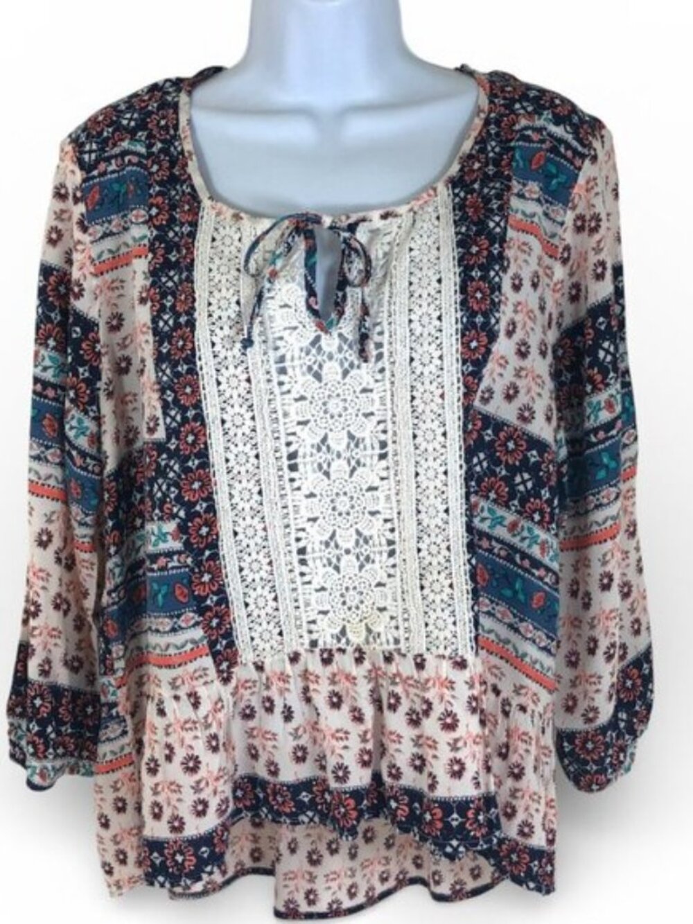 Jolt Boho Women's 3/4 Sleeve Mixed Floral High Low Blouse Crochet Front Large